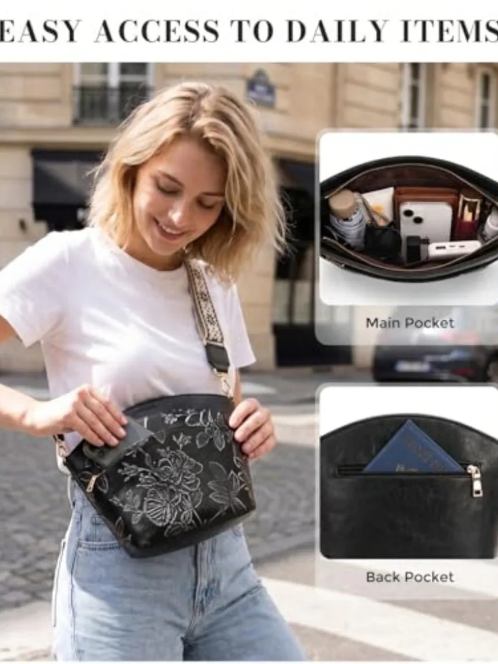 Vegan Leather Crossbody Bag with Boho Strap, Embossed Floral Purse